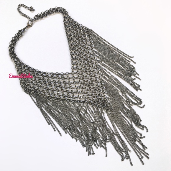 New Maximalist Chainmail Style Fringe Bib Statement Necklace - Picture 11 of 16